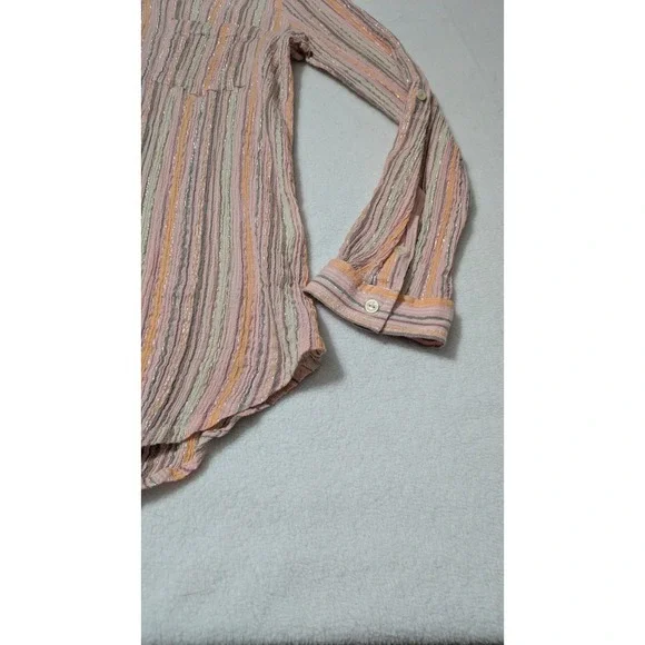 Lucky Brand Womens Top Large Pink Orange Metallic Striped Cotton Shirt‎ Popover - Picture 2 of 9